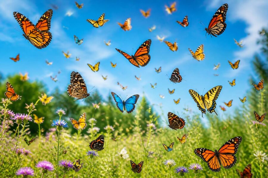 Um grande enxame de borboletas coloridas voando sobre um campo verde com flores e grama sob um céu azul claro.