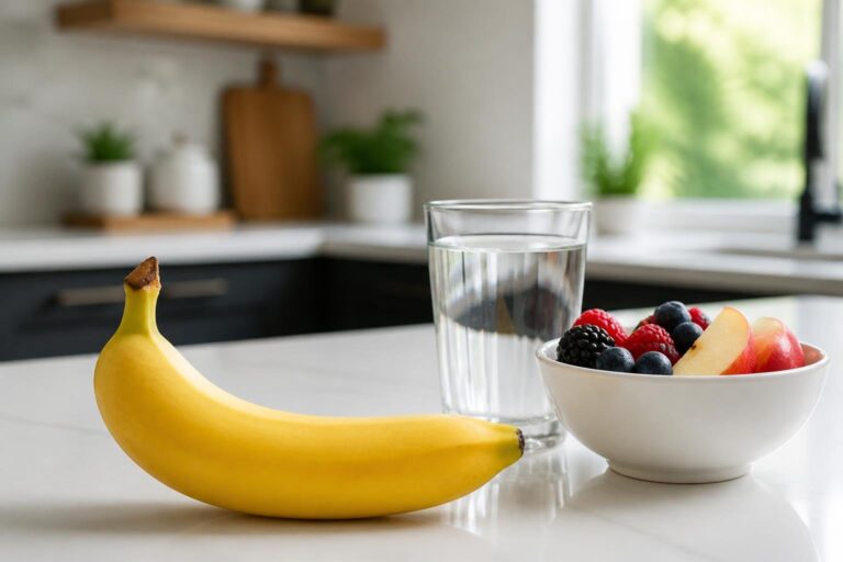 Banana madura sobre bancada de cozinha ao lado de copo de água e tigela com frutas variadas.