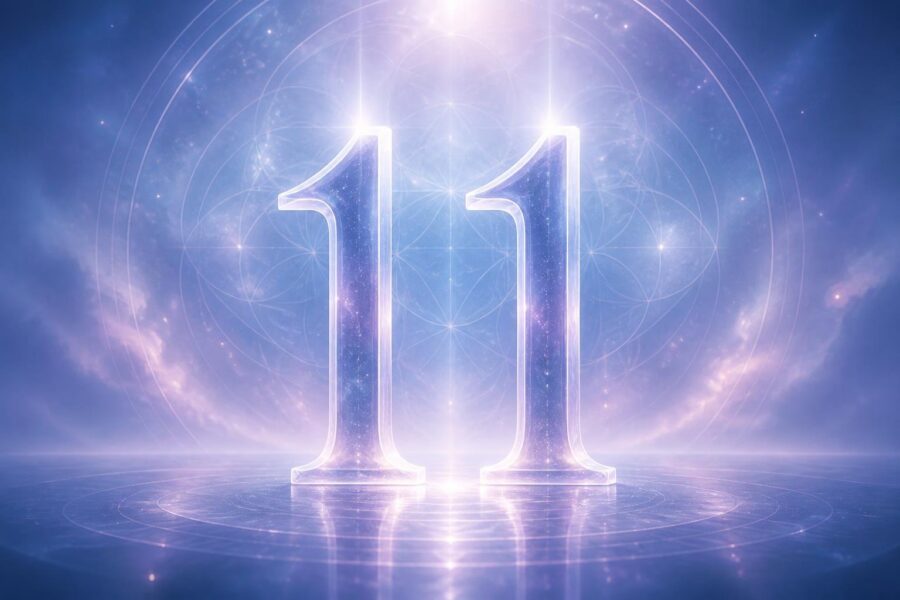 Dois números 1 brilhantes lado a lado com efeitos de luz suaves e elementos abstratos ao redor, transmitindo uma sensação de espiritualidade e equilíbrio.