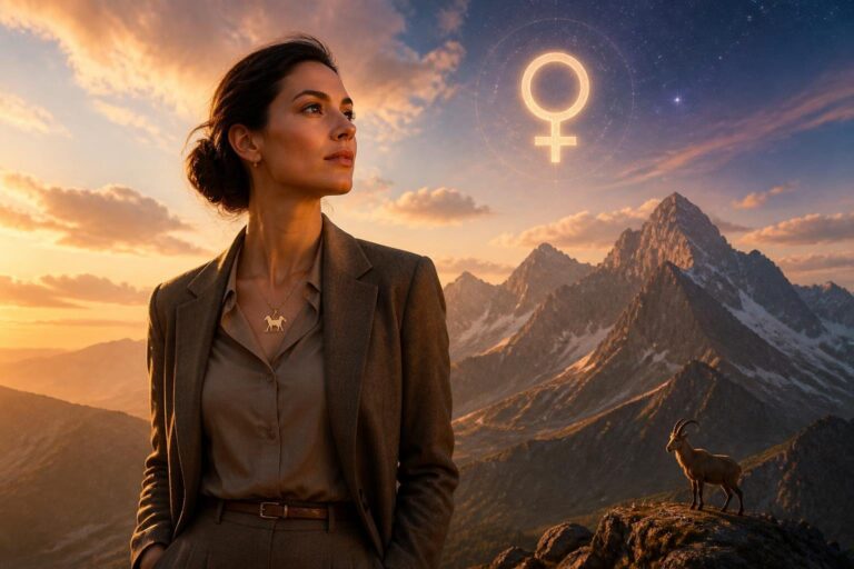 Mulher elegante em roupa profissional diante de montanhas ao pôr do sol, com símbolo de Vênus no céu e elementos que remetem a Capricórnio.