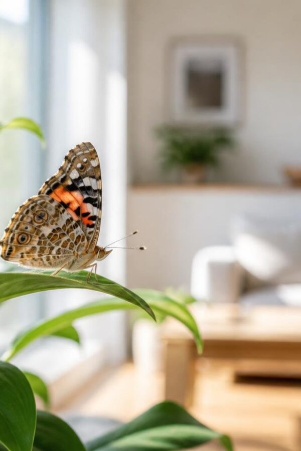 Borboleta pousada em uma planta dentro de uma casa iluminada pela luz natural.