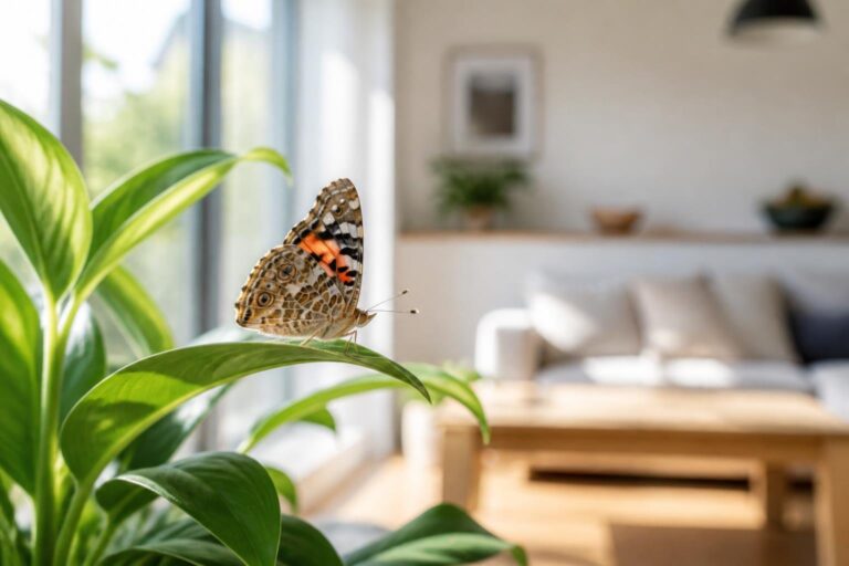Borboleta pousada em uma planta dentro de uma casa iluminada pela luz natural.