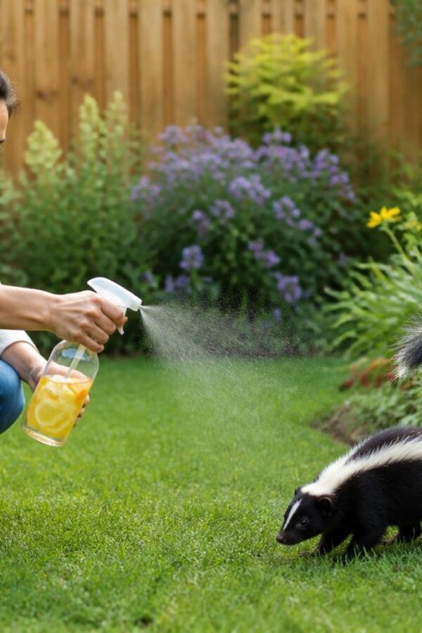 Pessoa aplicando um repelente natural para afastar um gambá em um jardim durante o dia.