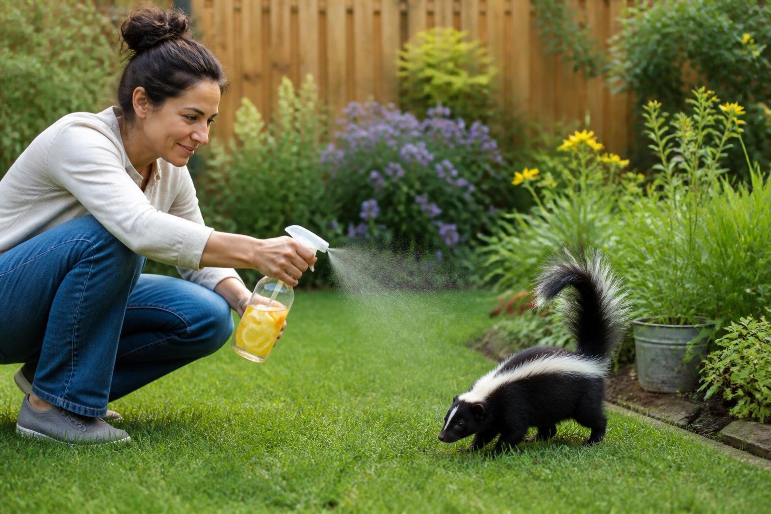 Pessoa aplicando um repelente natural para afastar um gambá em um jardim durante o dia.