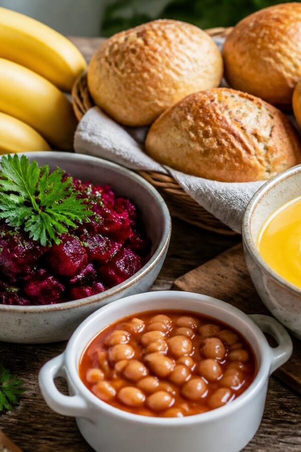 Mesa com variedade de alimentos que começam com a letra B, incluindo bananas, beterraba, pães, sopa de abóbora e feijão assado, dispostos de forma atraente.