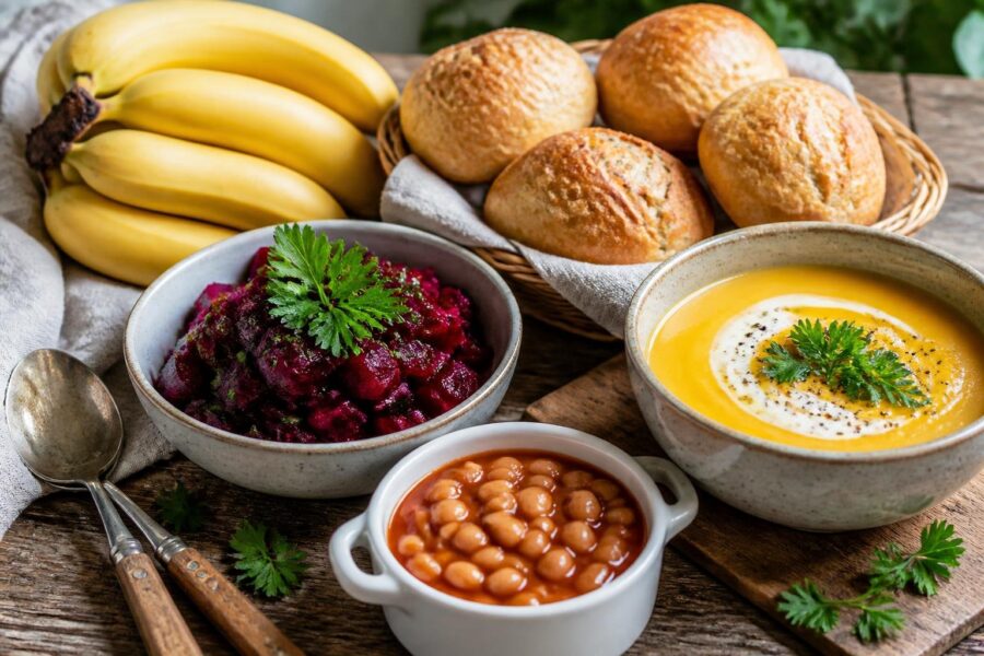 Mesa com variedade de alimentos que começam com a letra B, incluindo bananas, beterraba, pães, sopa de abóbora e feijão assado, dispostos de forma atraente.