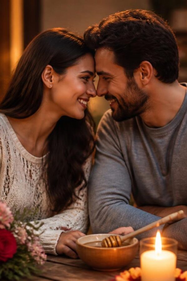 Casal sentado junto em uma mesa pequena com flores, mel e uma vela acesa, compartilhando um momento de carinho e conexão.