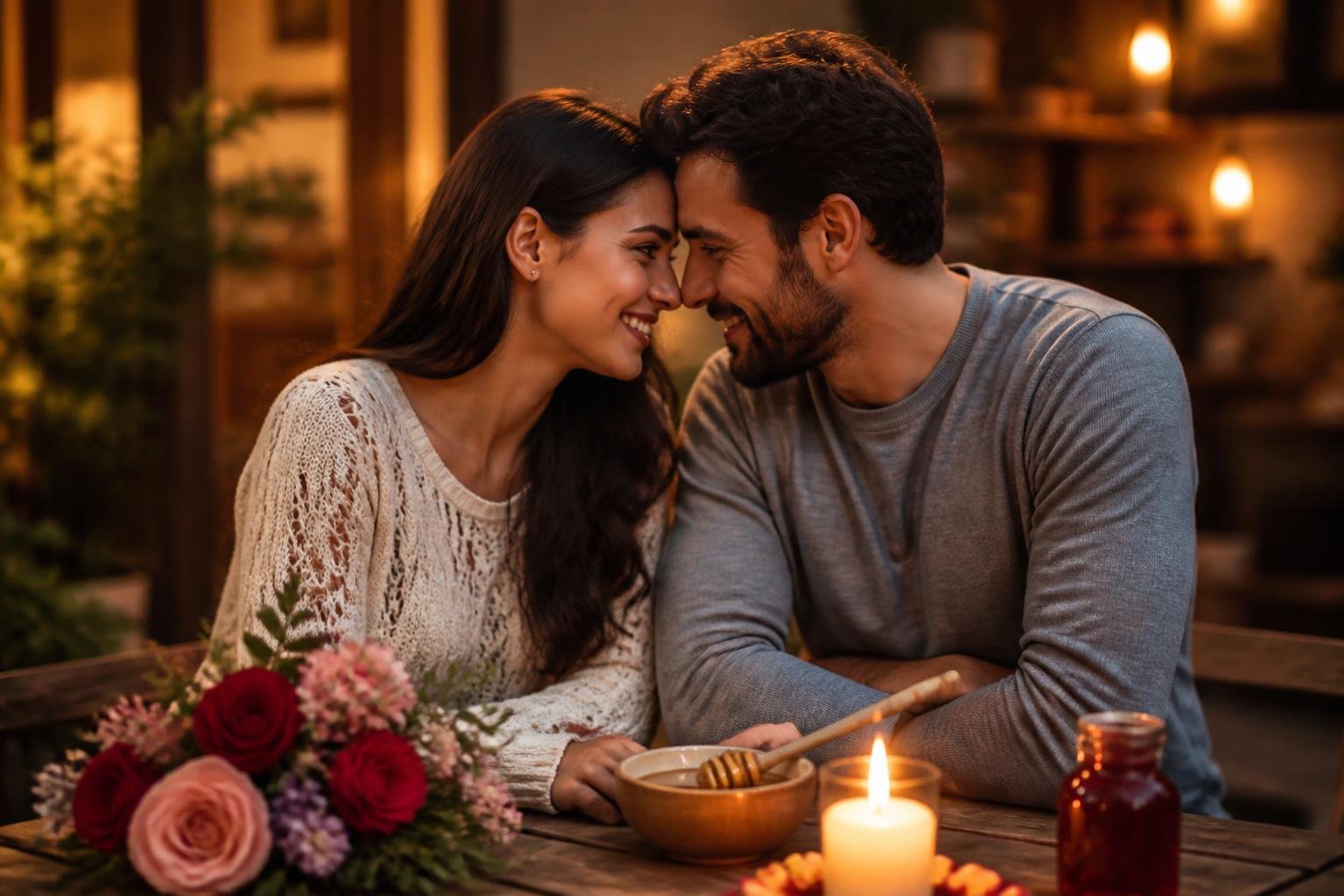 Casal sentado junto em uma mesa pequena com flores, mel e uma vela acesa, compartilhando um momento de carinho e conexão.