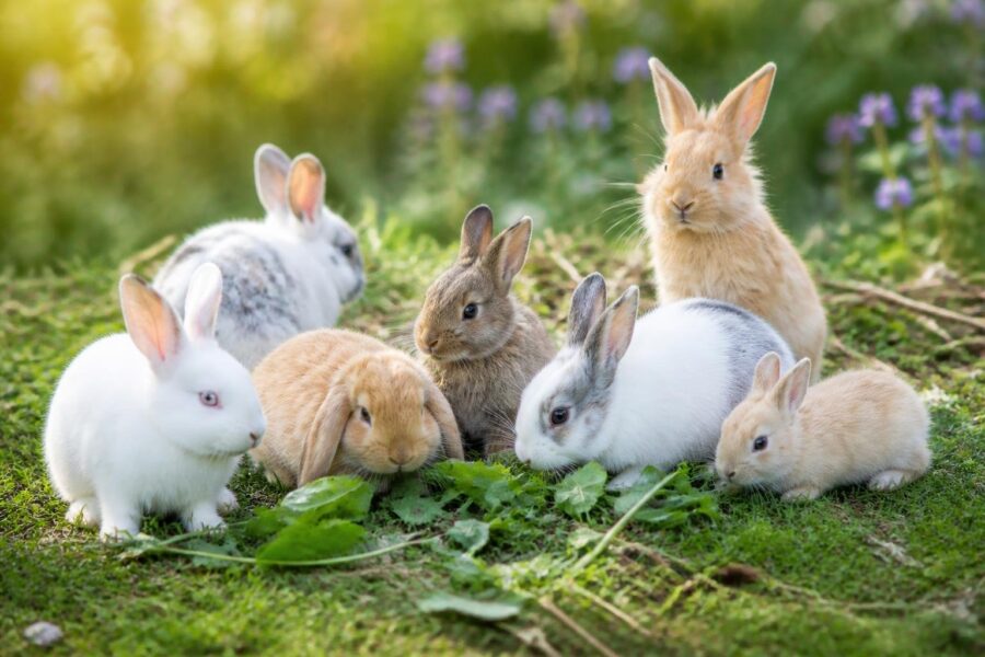 Vários coelhos de diferentes cores e raças brincando e descansando em um campo de grama com flores ao fundo.