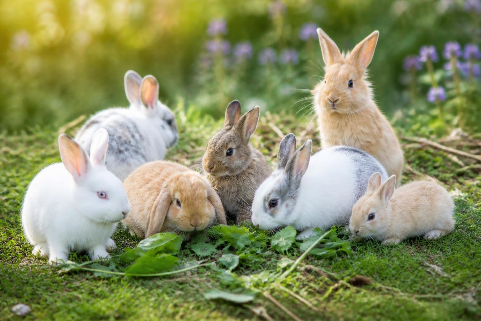 Vários coelhos de diferentes cores e raças brincando e descansando em um campo de grama com flores ao fundo.