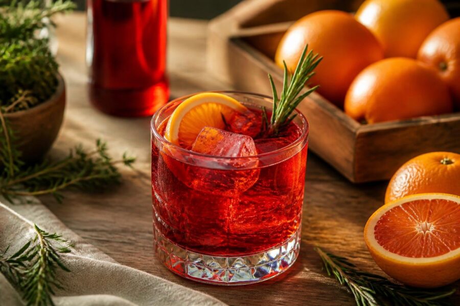 Copo com coquetel vermelho de Campari decorado com fatia de laranja e ramo de alecrim sobre mesa de madeira, com frutas e ervas ao fundo.