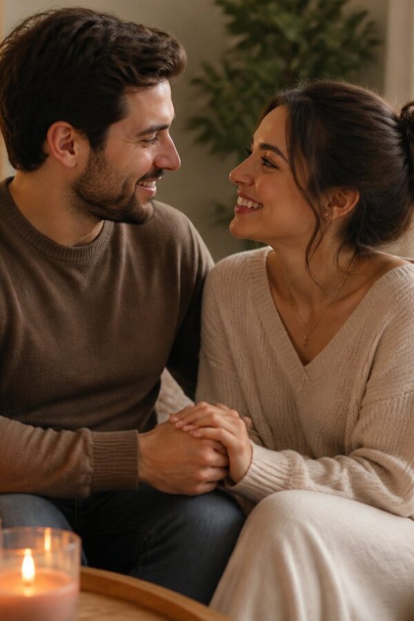 Casal sorrindo e segurando as mãos sentado junto em uma sala aconchegante e iluminada suavemente.