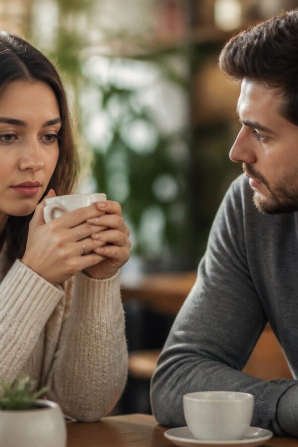 Um casal jovem sentado em um café, conversando de forma séria e carinhosa, com expressões pensativas e ambiente acolhedor ao redor.