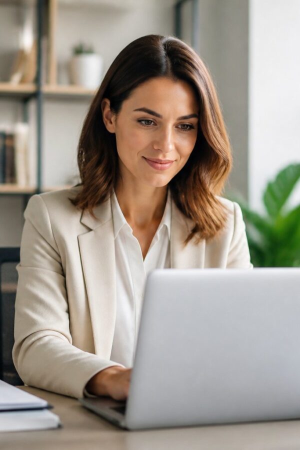 Mulher sentada em uma mesa de escritório, trabalhando em um laptop em um ambiente organizado e iluminado.