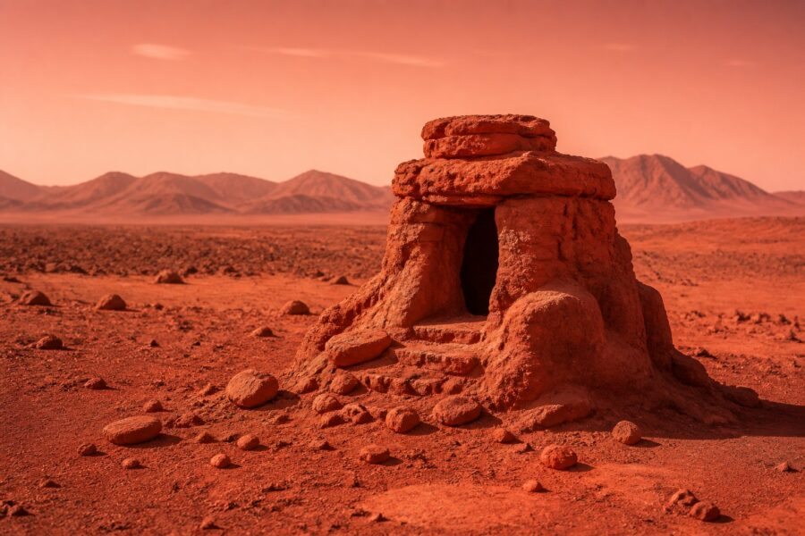Formação rochosa pequena e avermelhada em uma paisagem deserta de Marte, com céu claro e tons alaranjados.