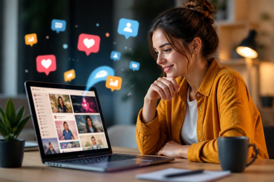 Pessoa sorrindo enquanto usa um laptop em um ambiente de trabalho moderno com elementos digitais ao fundo.