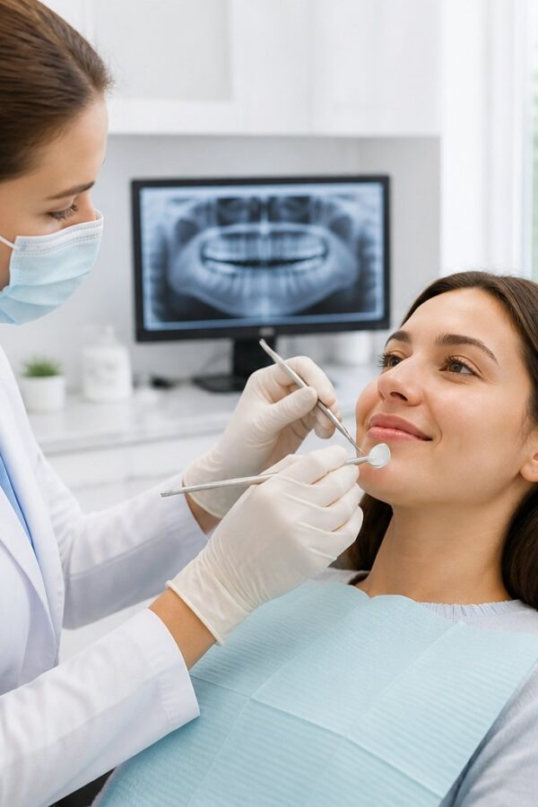 Mulher jovem sentada em cadeira de clínica odontológica sendo examinada por dentista após extração de dente do siso.