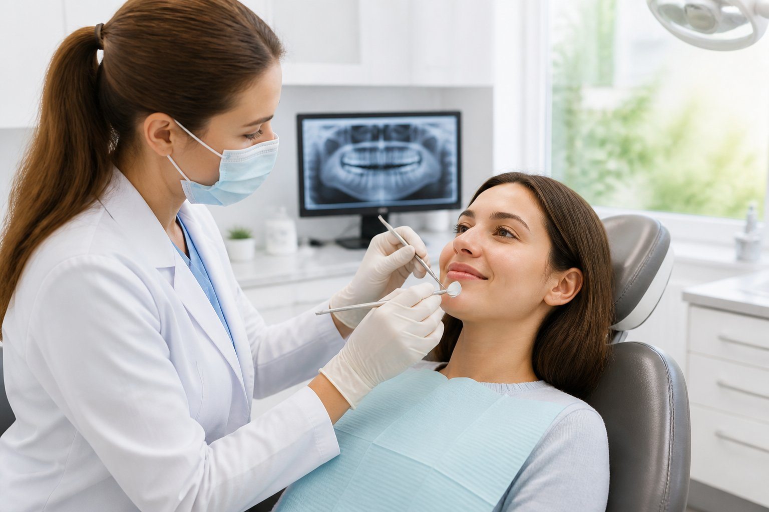 Mulher jovem sentada em cadeira de clínica odontológica sendo examinada por dentista após extração de dente do siso.