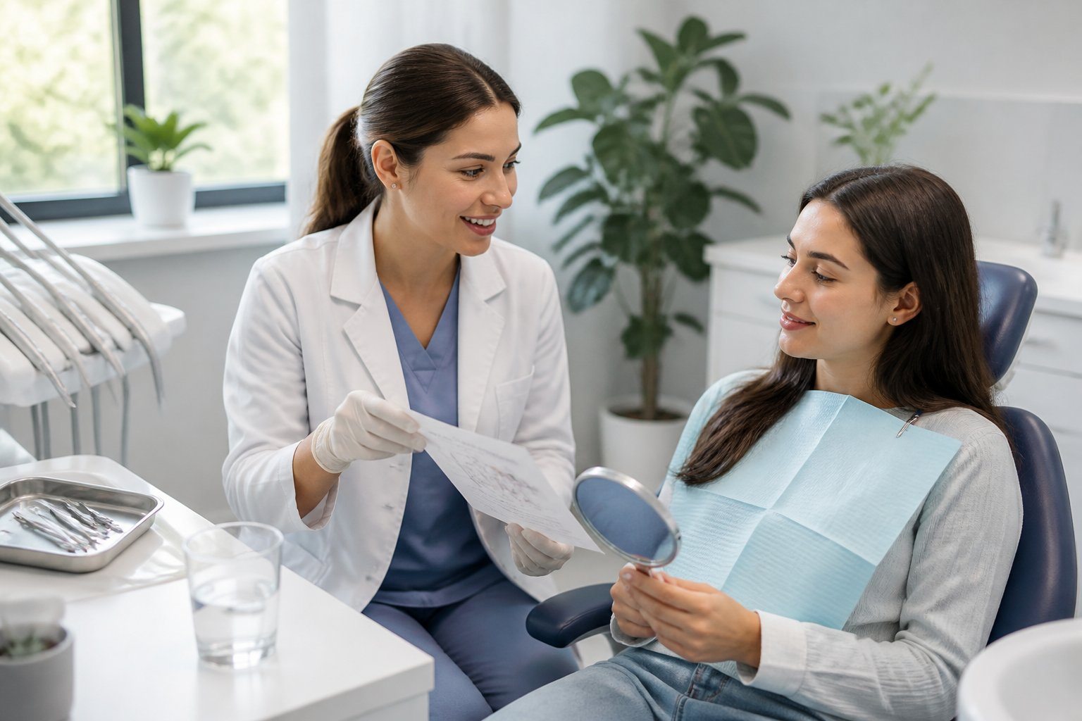 Dentista explicando cuidados pós-extração de dente do siso para paciente em clínica odontológica moderna.