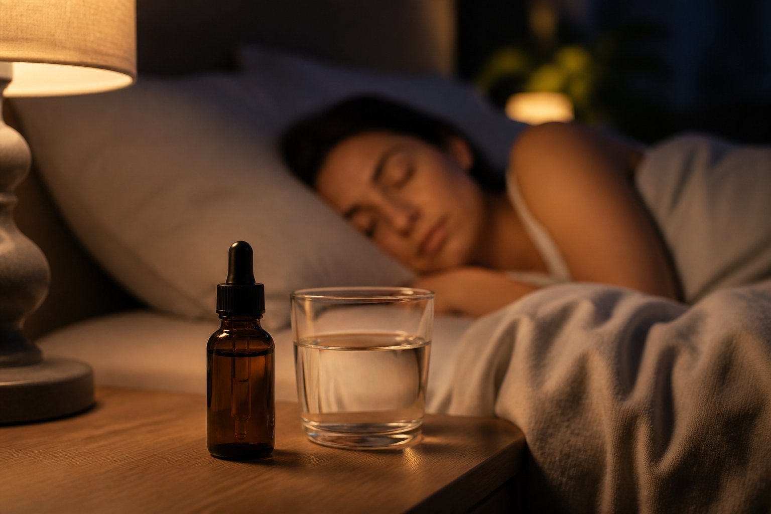 Quarto tranquilo à noite com uma pessoa dormindo e uma mesa de cabeceira com um frasco de medicamento com conta-gotas e um copo d'água.