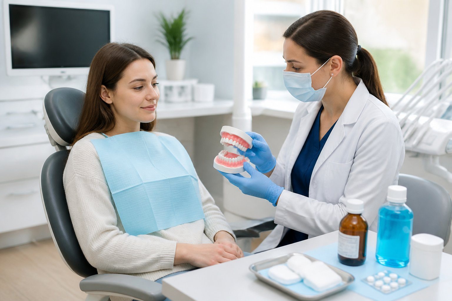 Paciente jovem sentado em cadeira odontológica recebendo orientações de um dentista sobre cuidados após extração de dente do siso em clínica dental limpa e organizada.