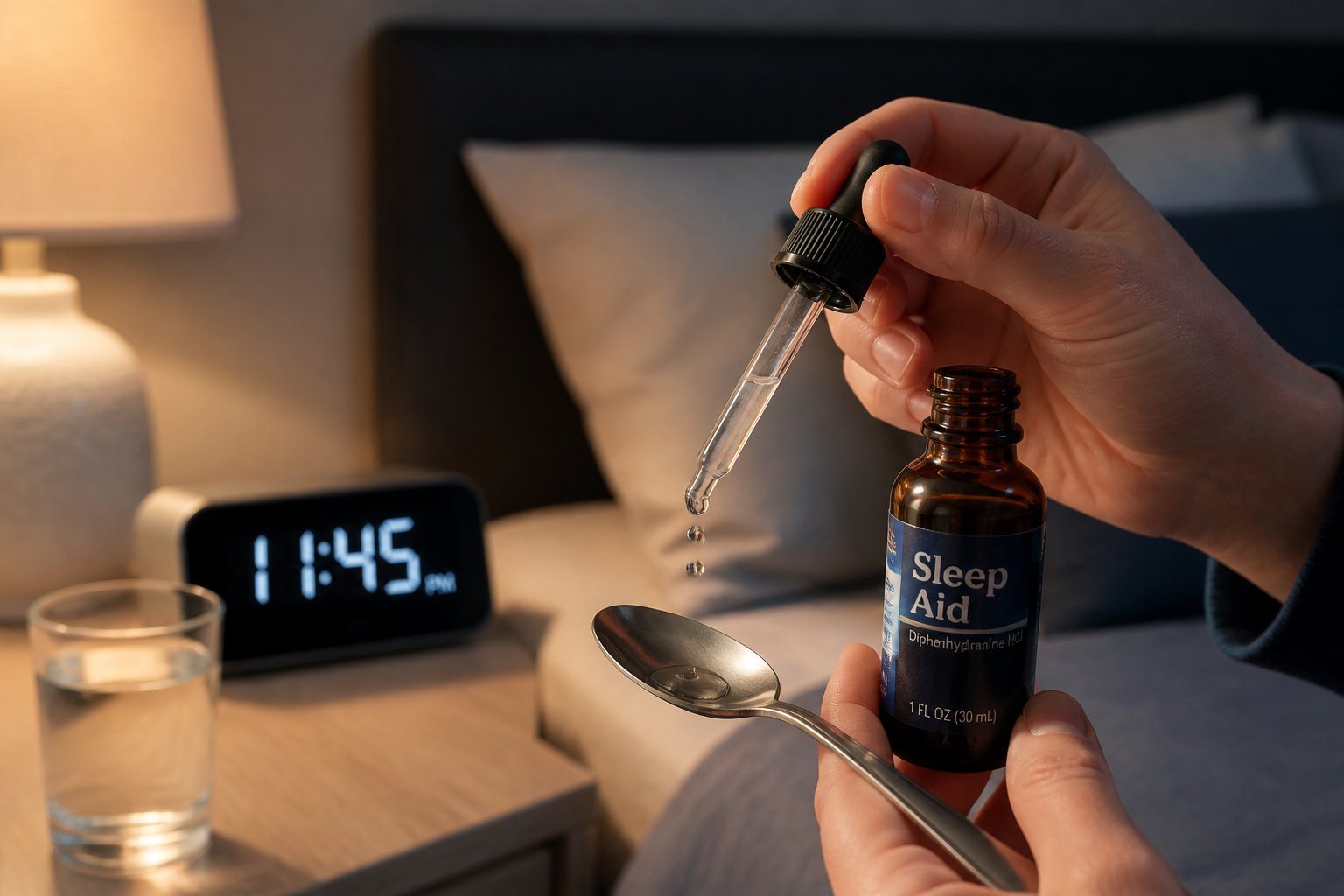 Pessoa segurando um frasco com conta-gotas e colocando gotas em uma colher, com um quarto ao fundo e um relógio de cabeceira mostrando a hora noturna.