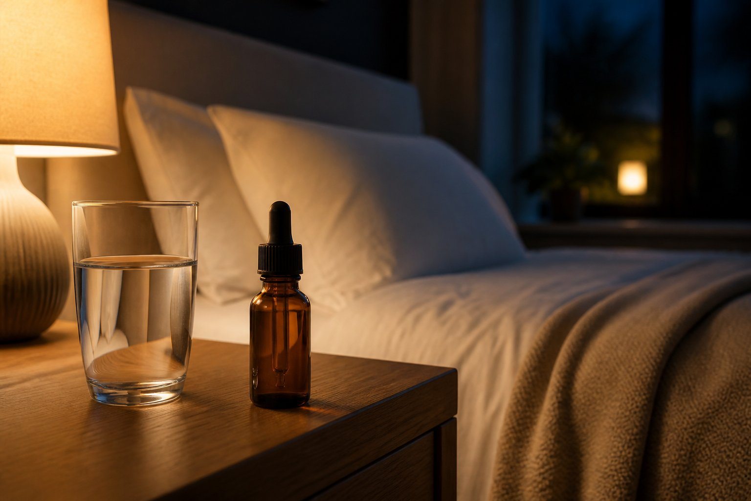 Quarto tranquilo à noite com uma mesa de cabeceira contendo um copo de água e um frasco de medicamento com conta-gotas.