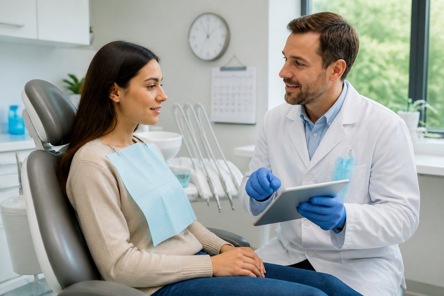 Paciente sentado em cadeira odontológica recebendo orientações de dentista em consultório moderno e iluminado.