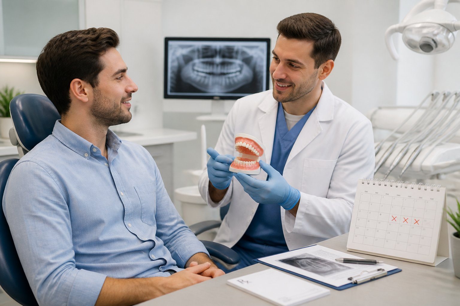 Paciente jovem sentado em cadeira odontológica conversando com dentista que explica procedimento de extração do siso, com documentos médicos e calendário na mesa ao lado.