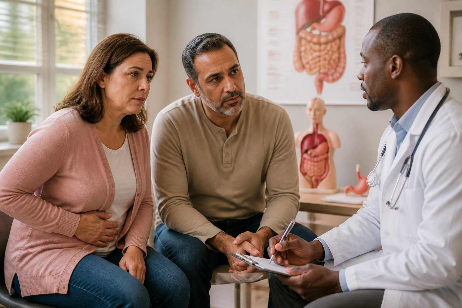 Duas pessoas conversando com um médico em uma sala de consulta médica, mostrando preocupação antes da cirurgia.