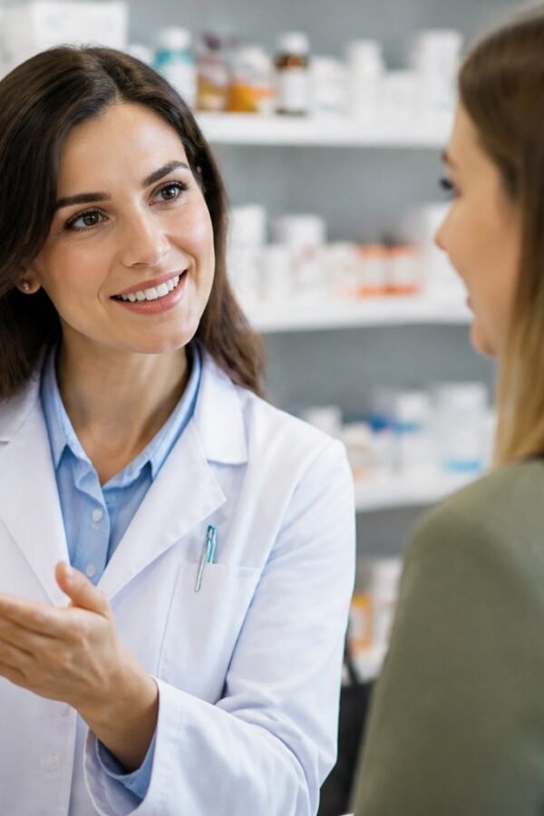 Farmacêutico explicando a dose de um medicamento para um paciente em uma farmácia.