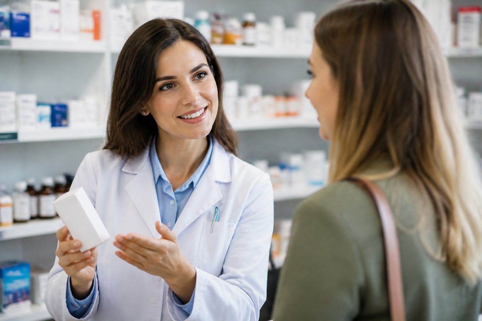 Farmacêutico explicando a dose de um medicamento para um paciente em uma farmácia.