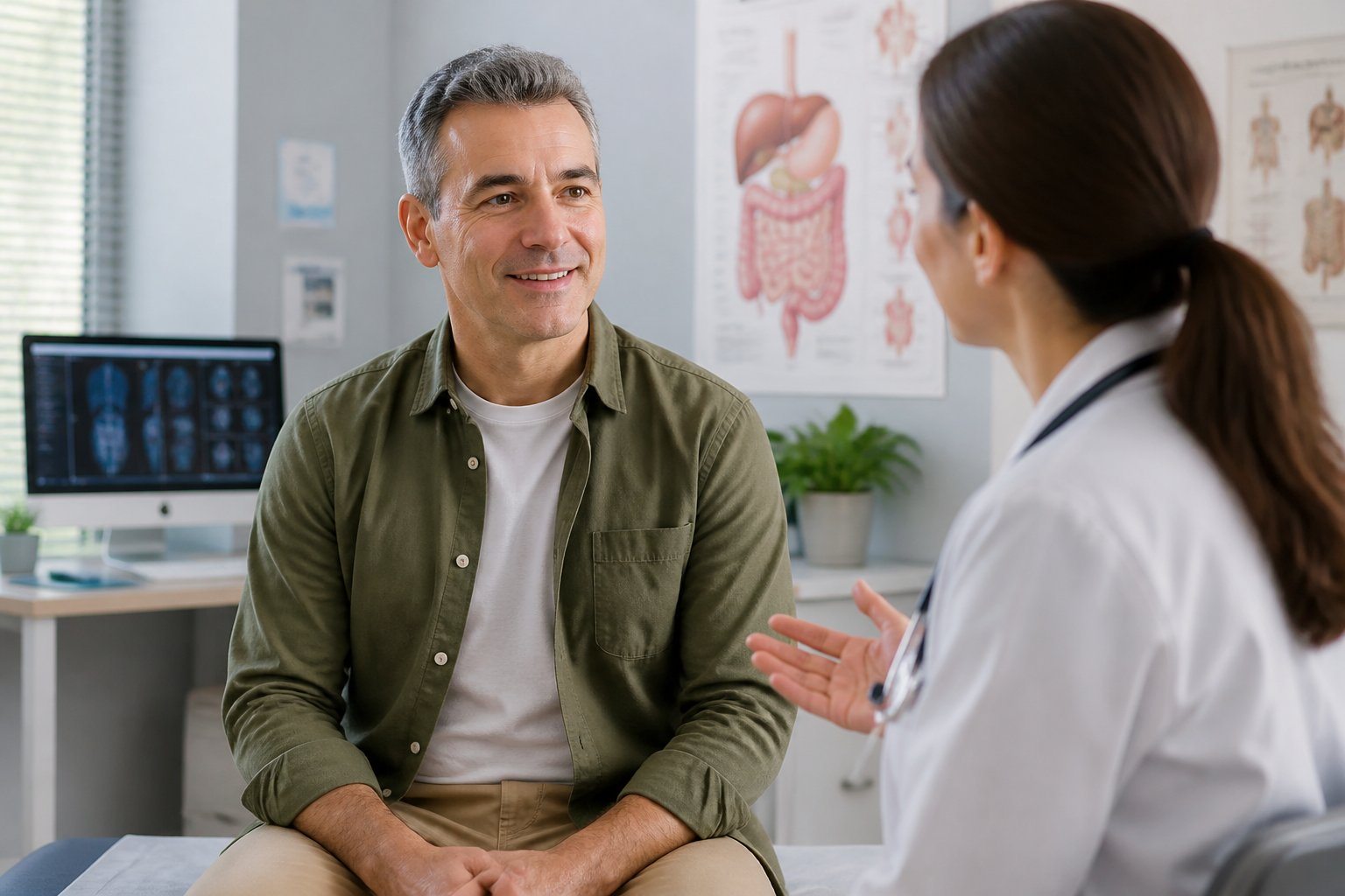 Paciente conversando com profissional de saúde em consultório médico moderno, transmitindo apoio e recuperação após cirurgia de vesícula.