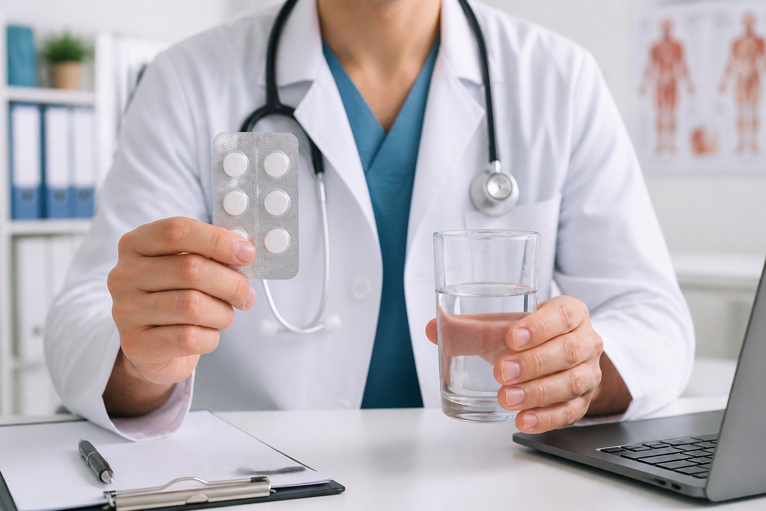 Profissional de saúde segurando comprimidos de Albendazol e um copo de água em ambiente clínico limpo.
