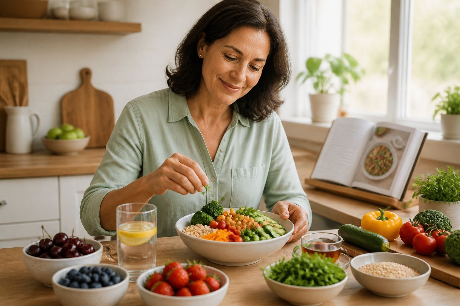 Pessoa preparando uma refeição saudável em uma cozinha iluminada, com frutas, vegetais e grãos, transmitindo bem-estar após cirurgia de vesícula.