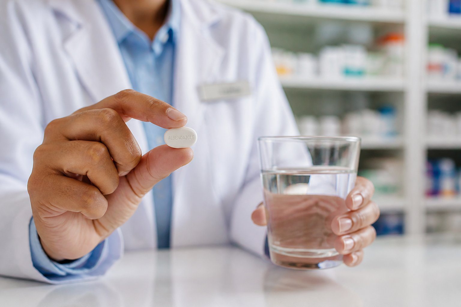 Mãos de um farmacêutico segurando um comprimido de Albendazol e um copo de água em um balcão de farmácia com prateleiras de medicamentos ao fundo.