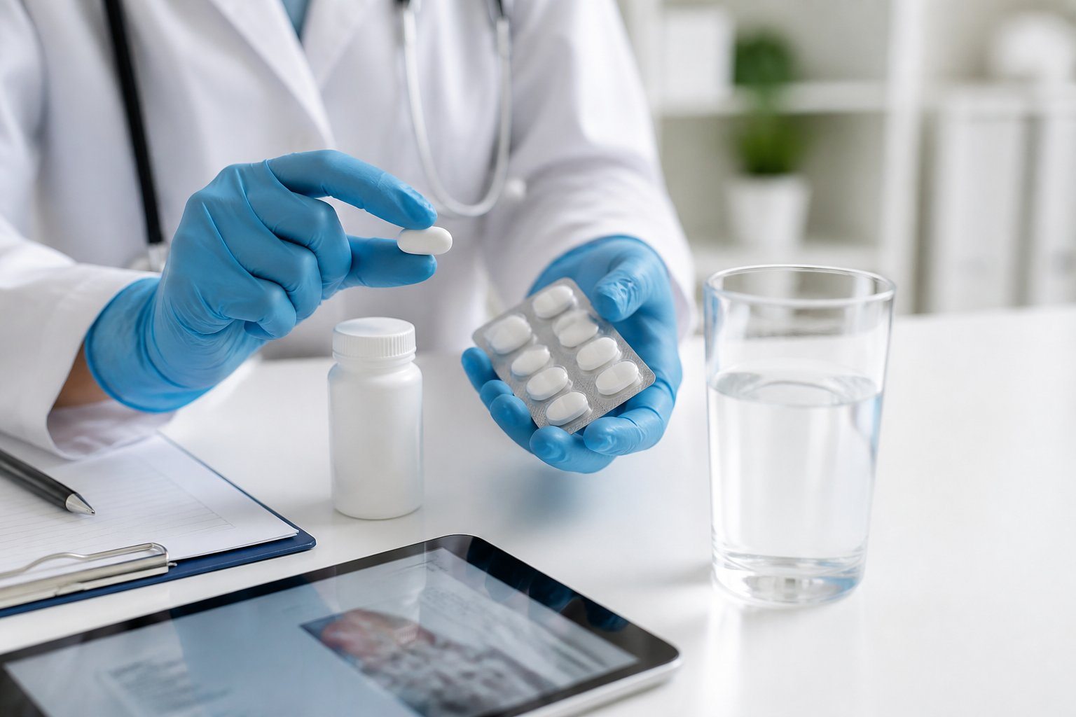Profissional de saúde medindo uma dose única de Albendazol com um copo de água em um ambiente clínico organizado.