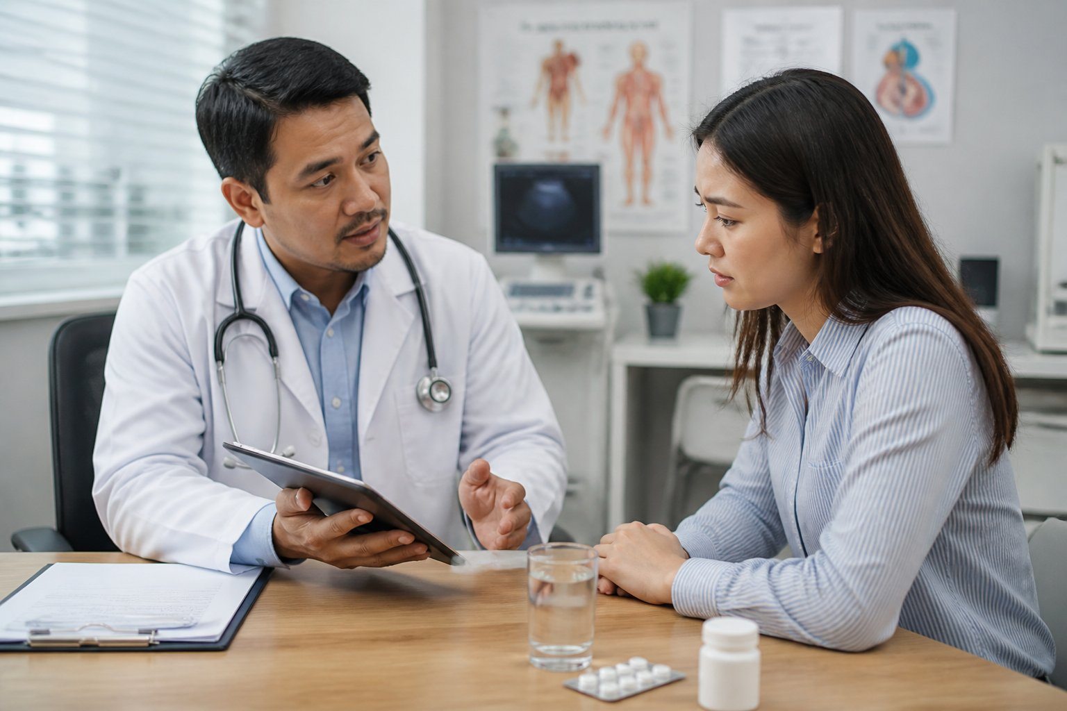 Um médico conversando com um paciente em uma sala de consulta médica, discutindo sobre tratamento e monitoramento pós-tratamento.