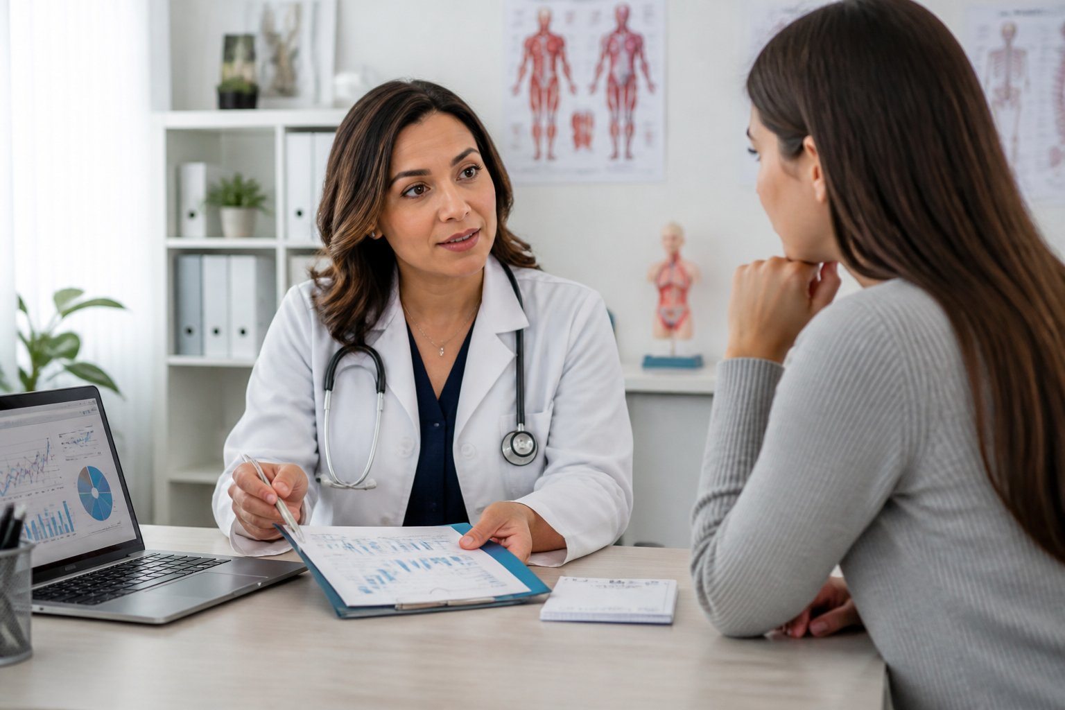 Médica conversando com paciente em consultório, explicando sobre prescrição médica e efeitos da fluoxetina.