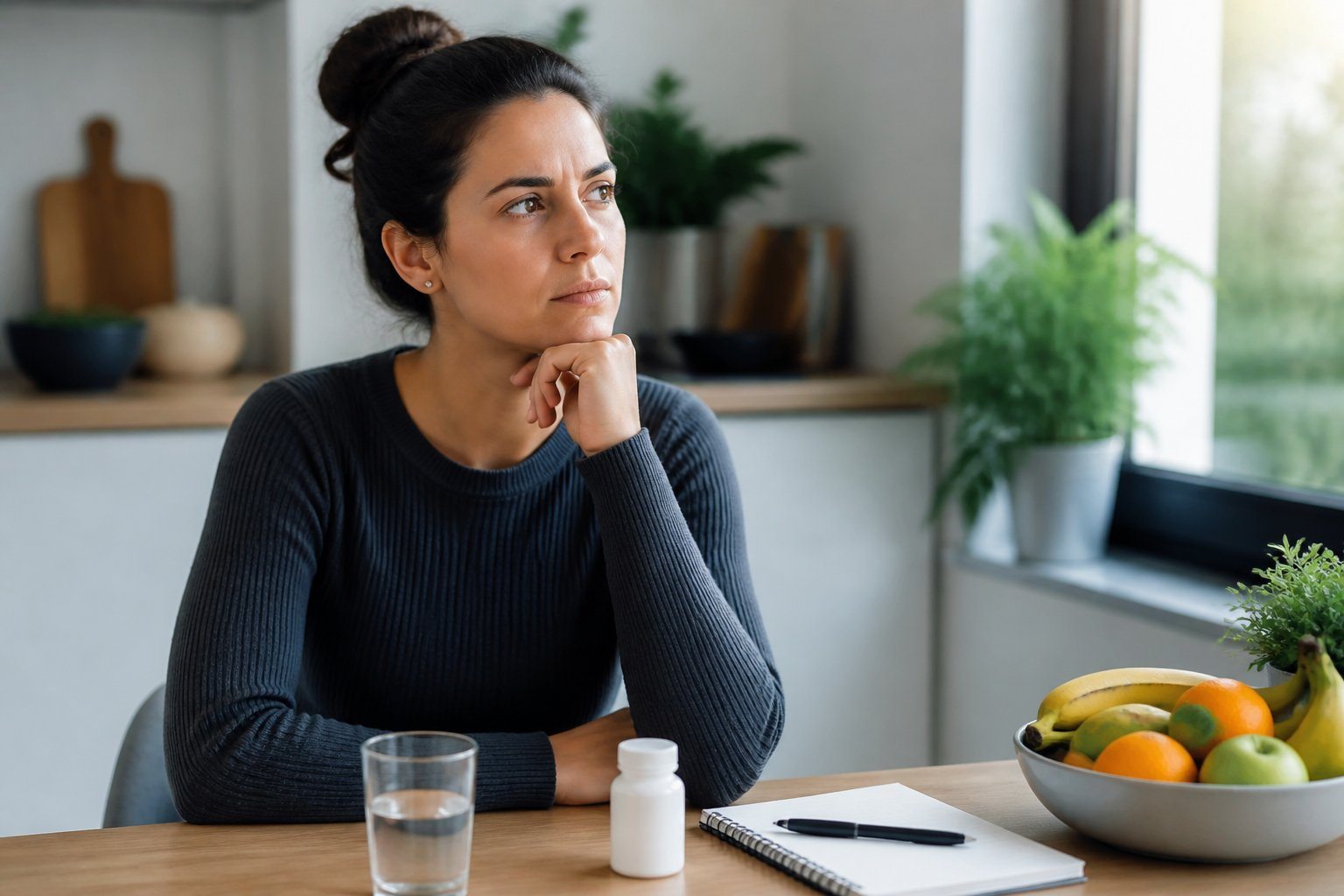 Mulher jovem pensativa sentada à mesa da cozinha com um copo de água e um frasco de medicamento, em um ambiente claro e limpo.