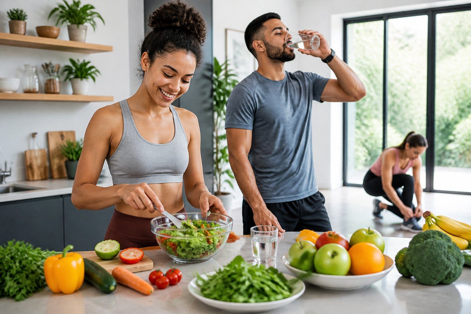 Pessoas em ambiente moderno preparando alimentos saudáveis e se preparando para atividades físicas, com frutas, vegetais e água ao redor.