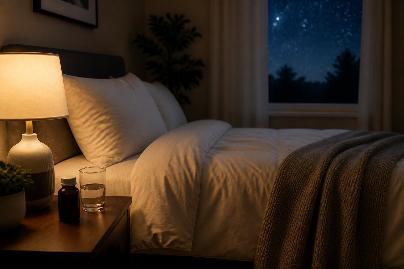 Quarto tranquilo à noite com cama arrumada, luminária acesa e um frasco de medicamento sobre a mesa de cabeceira.