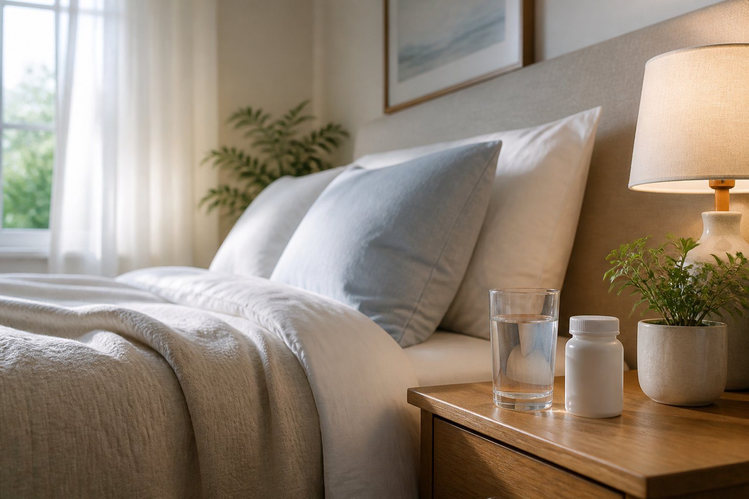 Quarto tranquilo com cama arrumada, luz natural suave, mesa de cabeceira com copo de água e frasco de remédio, transmitindo sensação de conforto e descanso.