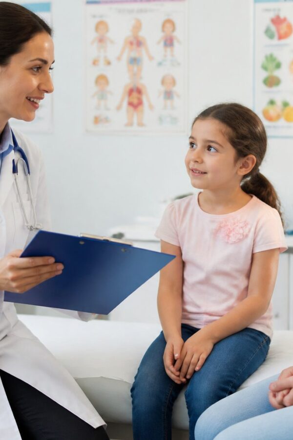 Pediatra conversando com mãe e criança pequena em consultório médico moderno.