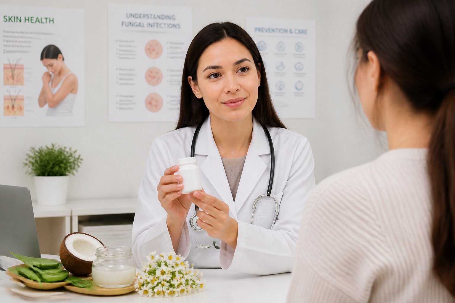 Profissional de saúde em consultório segurando um frasco de medicamento, com remédios naturais ao lado, em ambiente clínico limpo e tranquilo.