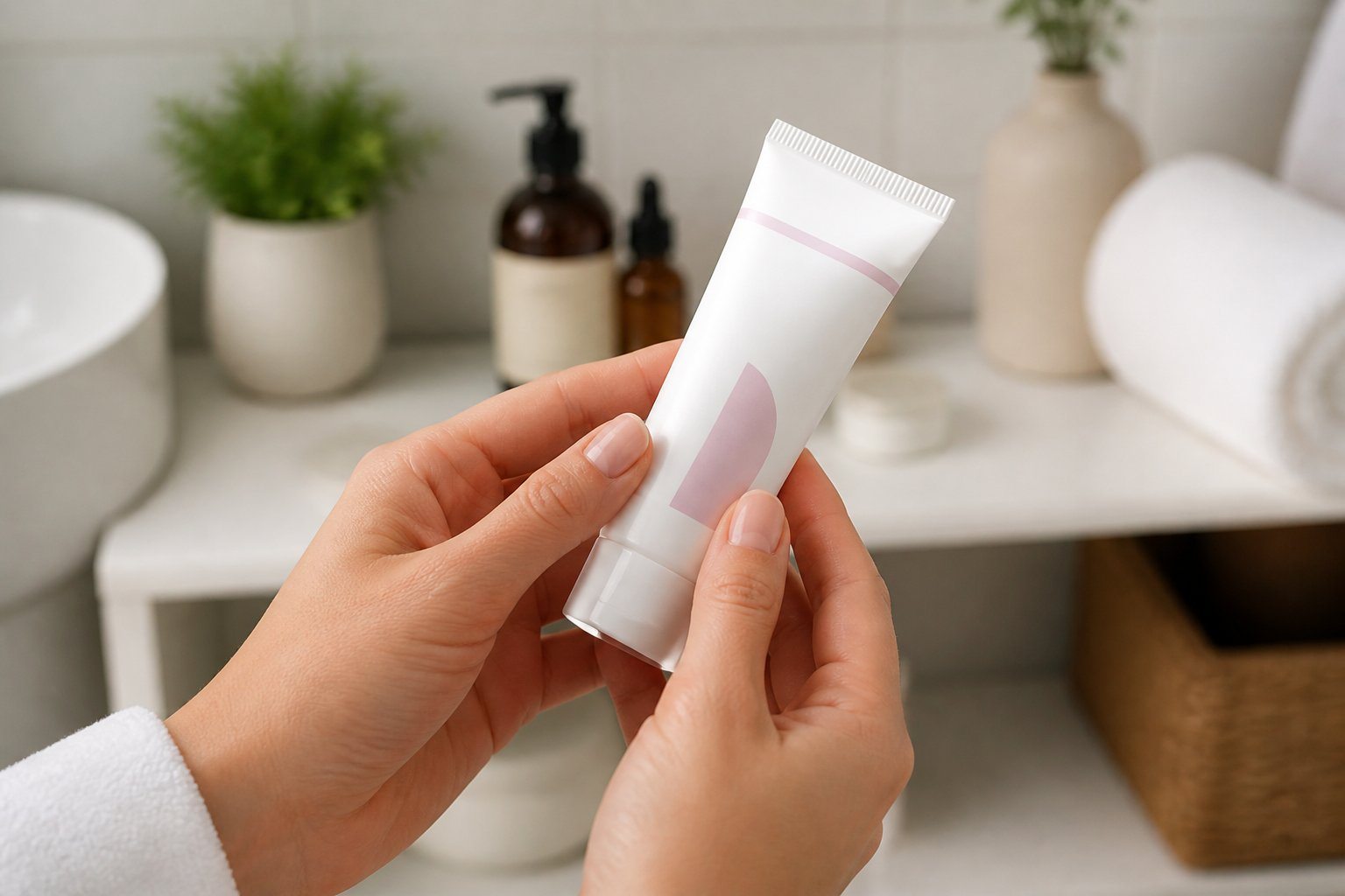 Mãos segurando um tubo de creme antifúngico em um banheiro limpo com produtos de cuidado pessoal ao fundo.