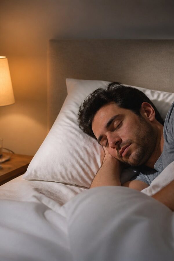 Homem jovem dormindo tranquilamente em um quarto à noite com uma mesa de cabeceira e uma luminária acesa.