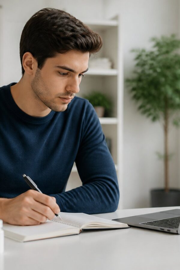 Jovem adulto estudando concentrado em uma mesa com notebook, laptop, e um pequeno frasco de remédio ao lado.